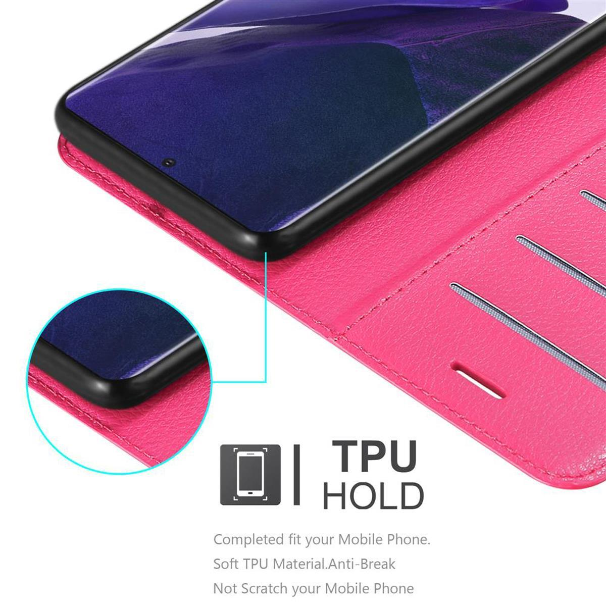 Rosa Handyhülle mit einem Telefon darin. Nahaufnahme auf der Hülle und dem Telefon mit dem TPU HOLD Logo.