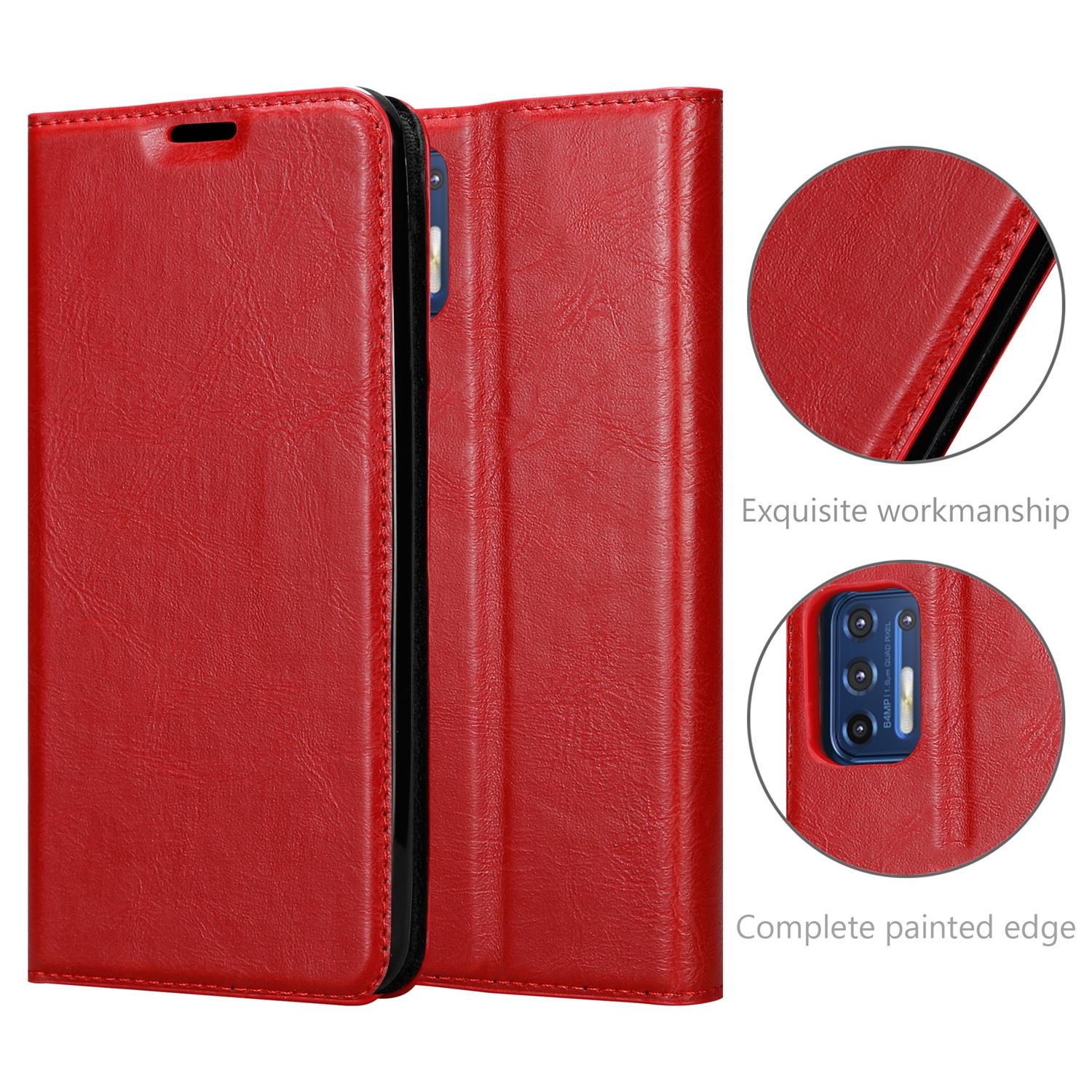 Custodia per telefono in pelle rossa. Sono mostrati i dettagli della custodia e il bordo verniciato completo.