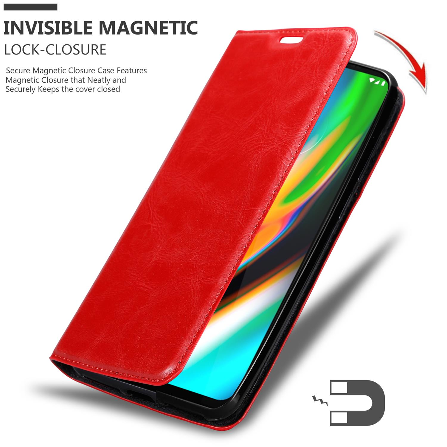 Custodia rossa con chiusura magnetica, aperta, telefono dentro, schermo nero.