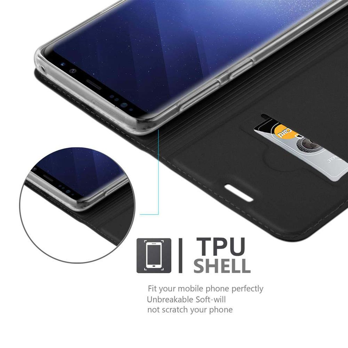 Primo piano di un telefono in una custodia nera. Viene mostrato il testo TPU SHELL. Il telefono è nero.
