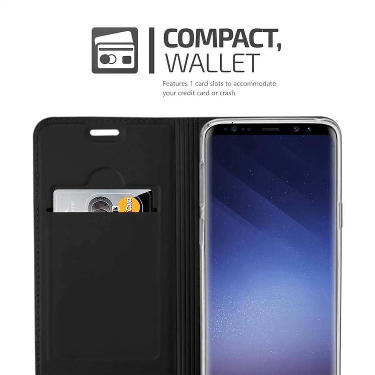 Custodia a portafoglio per telefono nera aperta con una carta in uno slot. Un telefono è all'interno. Lo sfondo è bianco.