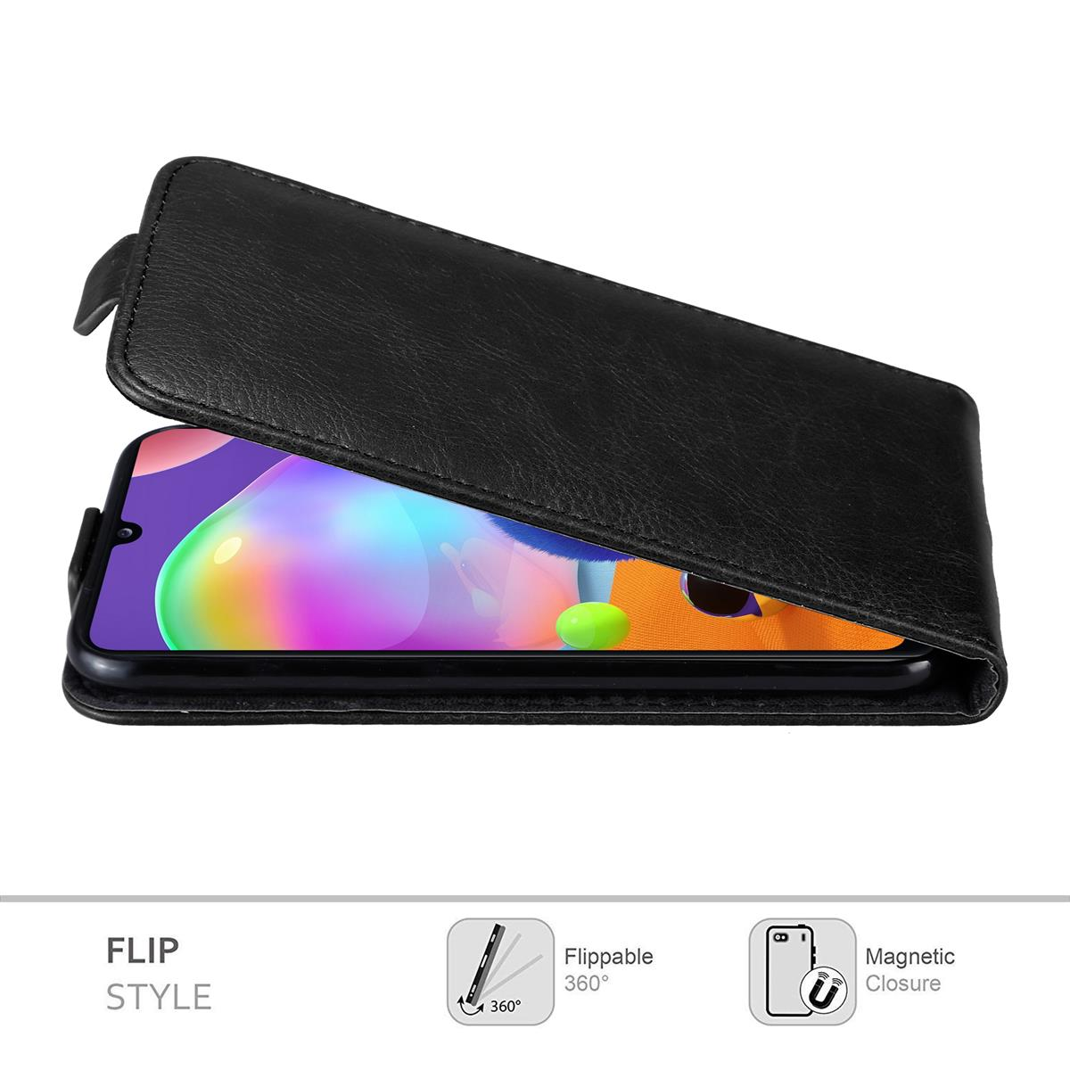 Schwarze Handyhülle im Flip-Stil, mit Telefon innen, und Symbolen für Klapp- und Magnetverschluss.