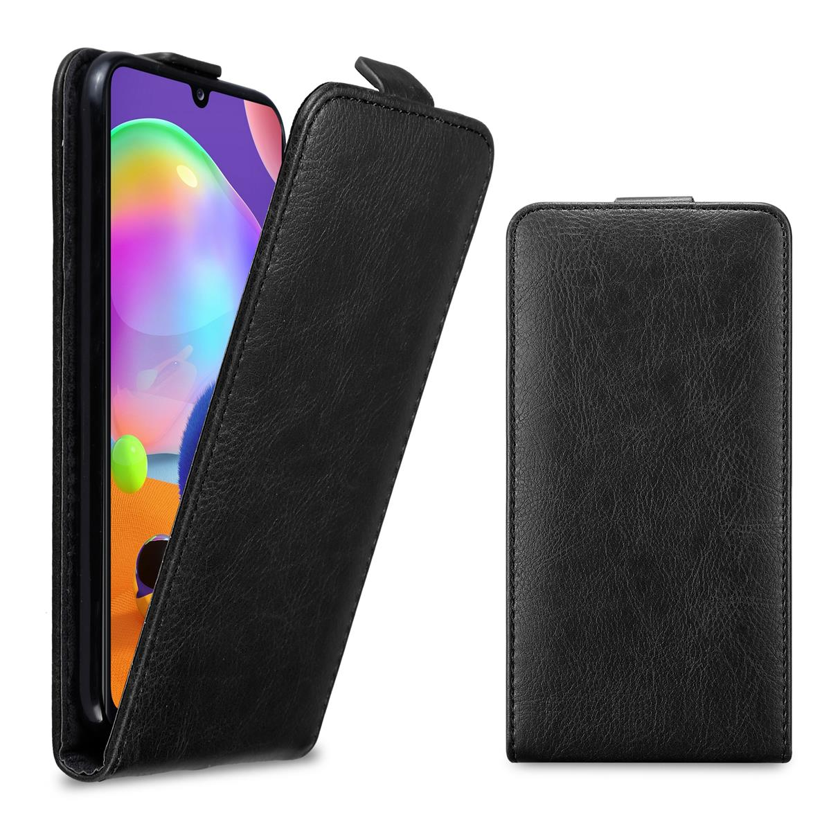 Schwarze Handyhülle. Das Telefon befindet sich in der Hülle. Das Etui ist offen. Das Etui und das Telefon sind schwarz.
