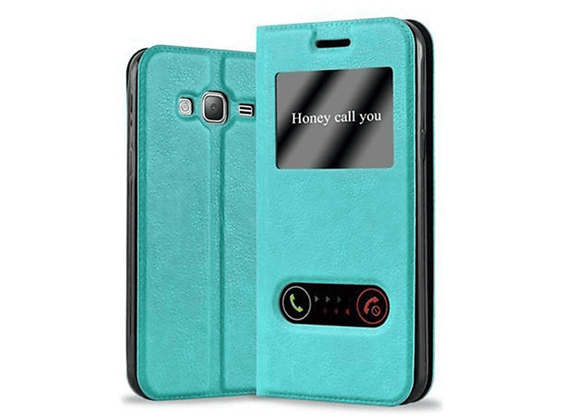 Hülle, Galaxy J3 MINT Bookcover, Book View Doppelfenster TÜRKIS CADORABO 2016, Samsung,