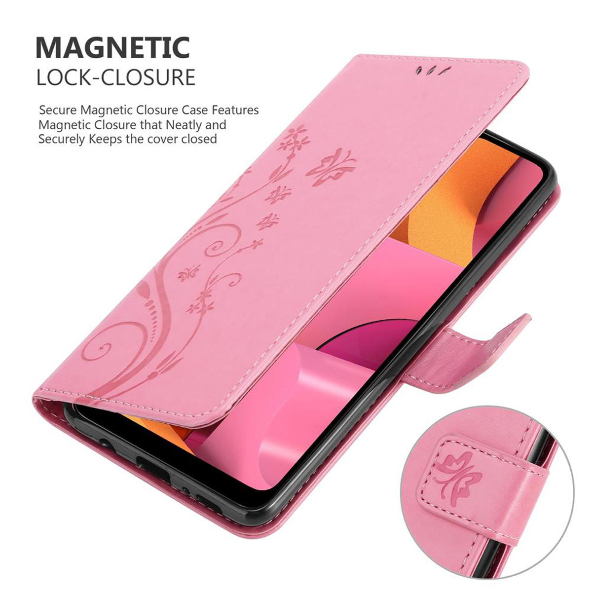 Custodia rosa aperta con design floreale. Telefono dentro. Testo: CHIUSURA MAGNETICA.