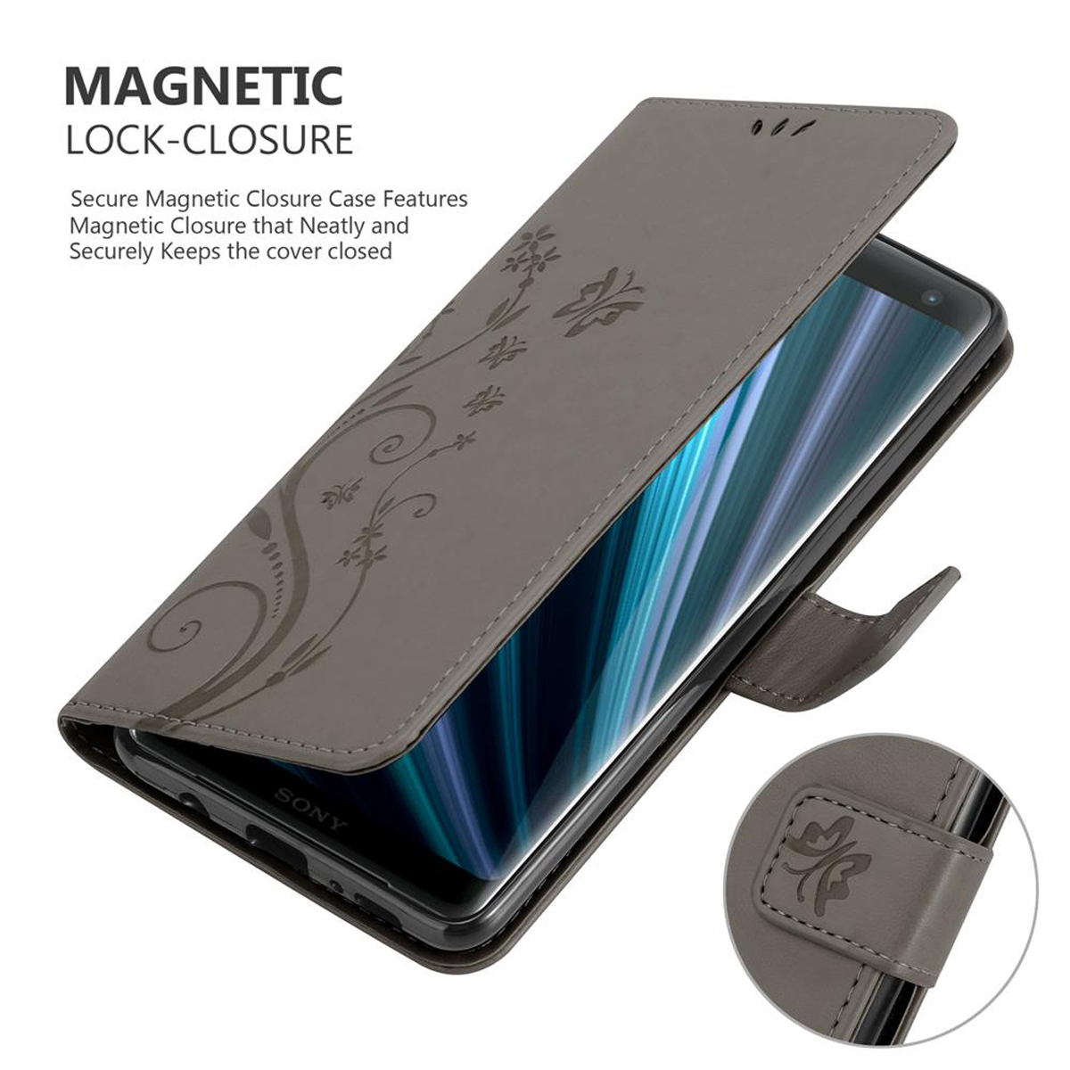 Custodia per telefono grigia, aperta, che tiene un telefono. La custodia ha un design floreale e una chiusura magnetica.