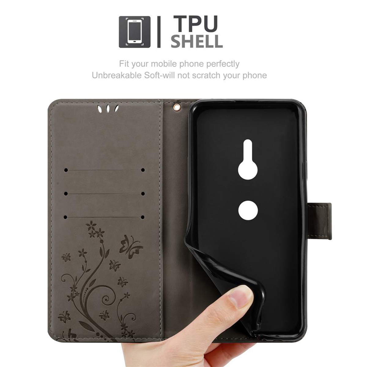 Custodia aperta, che mostra un telefono all'interno, con un motivo floreale e un guscio in TPU e testo. Il telefono mostra un display.