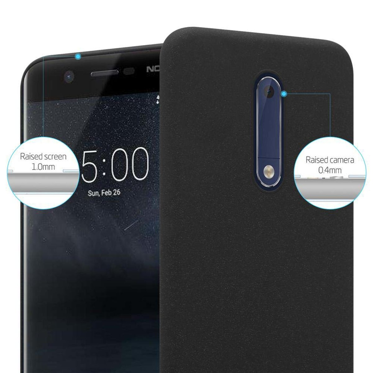 Telefon mit Hülle. Erhöhter Bildschirm und Kameradetail. Textbeschriftungen: Erhöhter Bildschirm 1,0 mm, Erhöhte Kamera 0,4 mm.