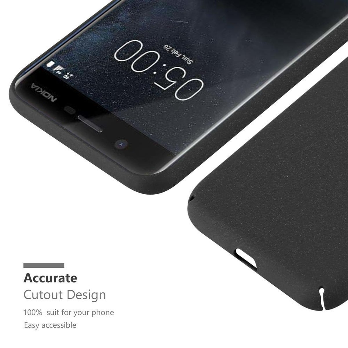 Ein schwarzes Telefon mit Hülle. Text: 'Accurate Cutout Design' und der Bildschirm sichtbar.