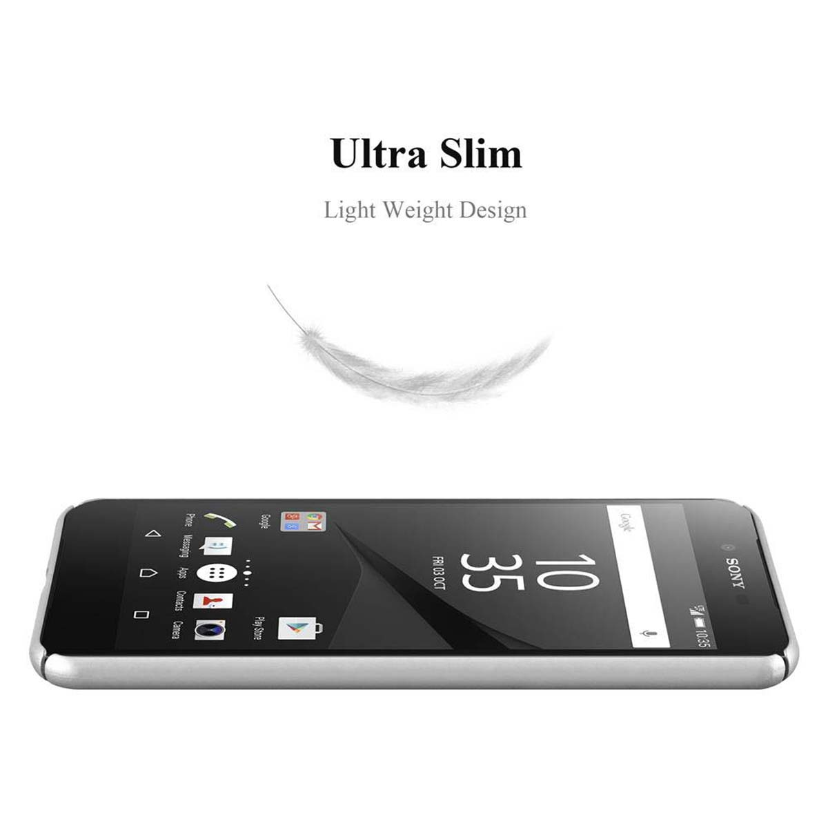 Smartphone con una piuma che fluttua sopra. Testo: 'Ultra Slim Light Weight Design'.
