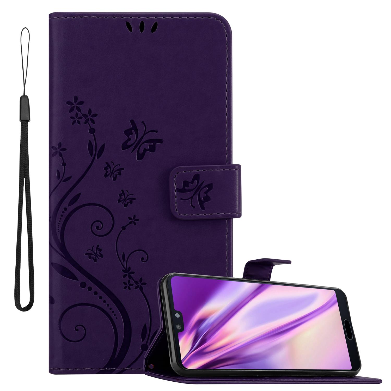 Custodia viola per telefono con design a farfalla, aperta per rivelare il telefono. Include cinturino.