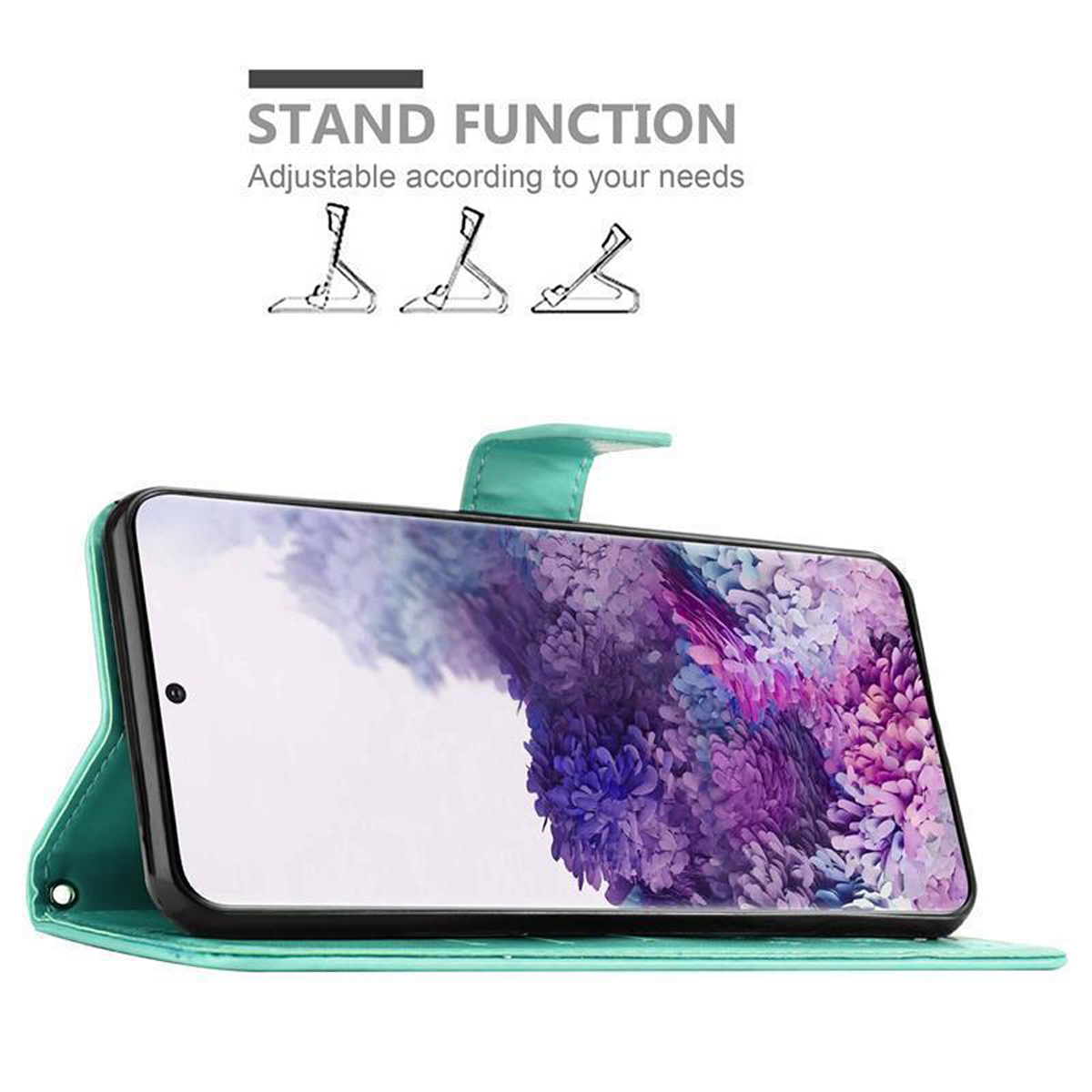 Grüne Handyhülle mit Telefon in Standposition, mit dem Text 'STAND FUNCTION'.