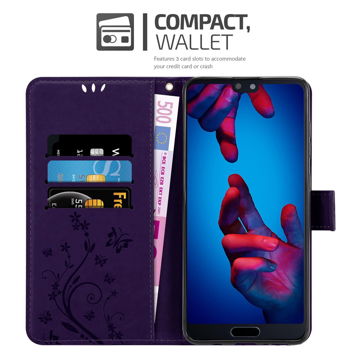 Custodia per telefono viola, aperta con carte e denaro all'interno. Lo schermo del telefono mostra le mani.