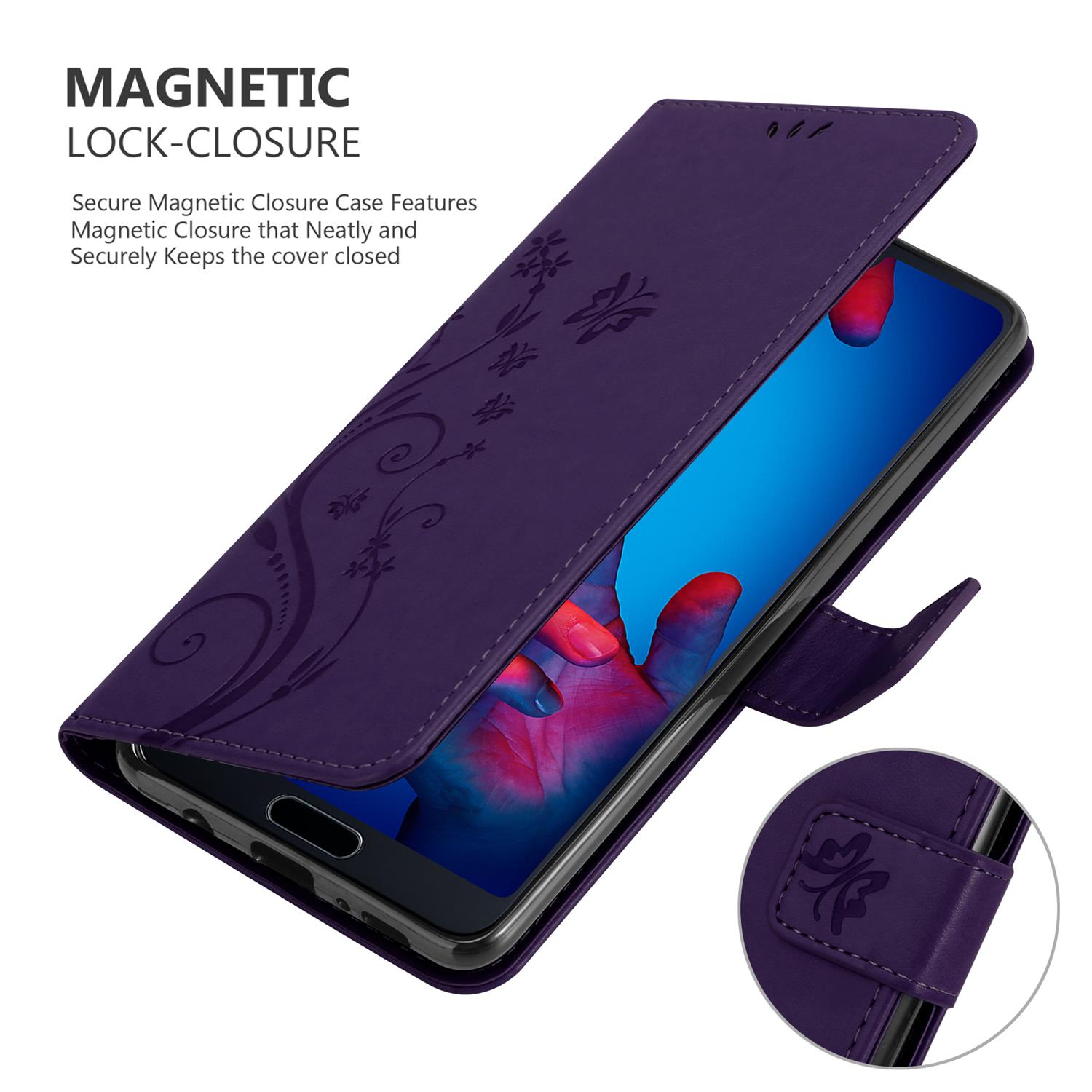 Custodia per telefono viola con design floreale, aperta, che mostra lo schermo di un telefono. Testo: Chiusura magnetica.