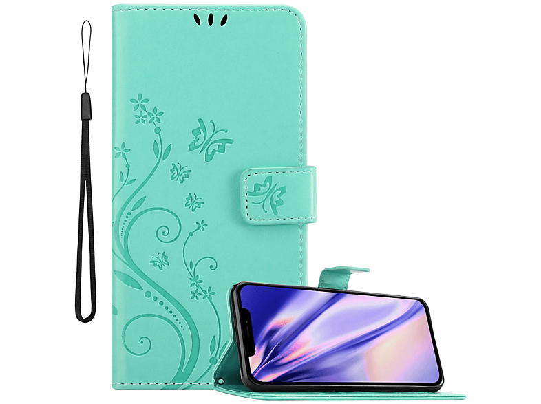 Hülle Bookcover, Muster TÜRKIS 13 PRO MAX, iPhone Flower Apple, Case, FLORAL Blumen CADORABO