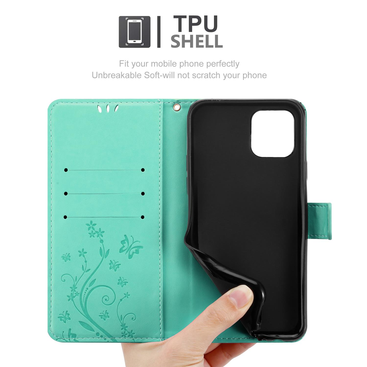 Custodia verde con telefono. Una mano che tiene il telefono.