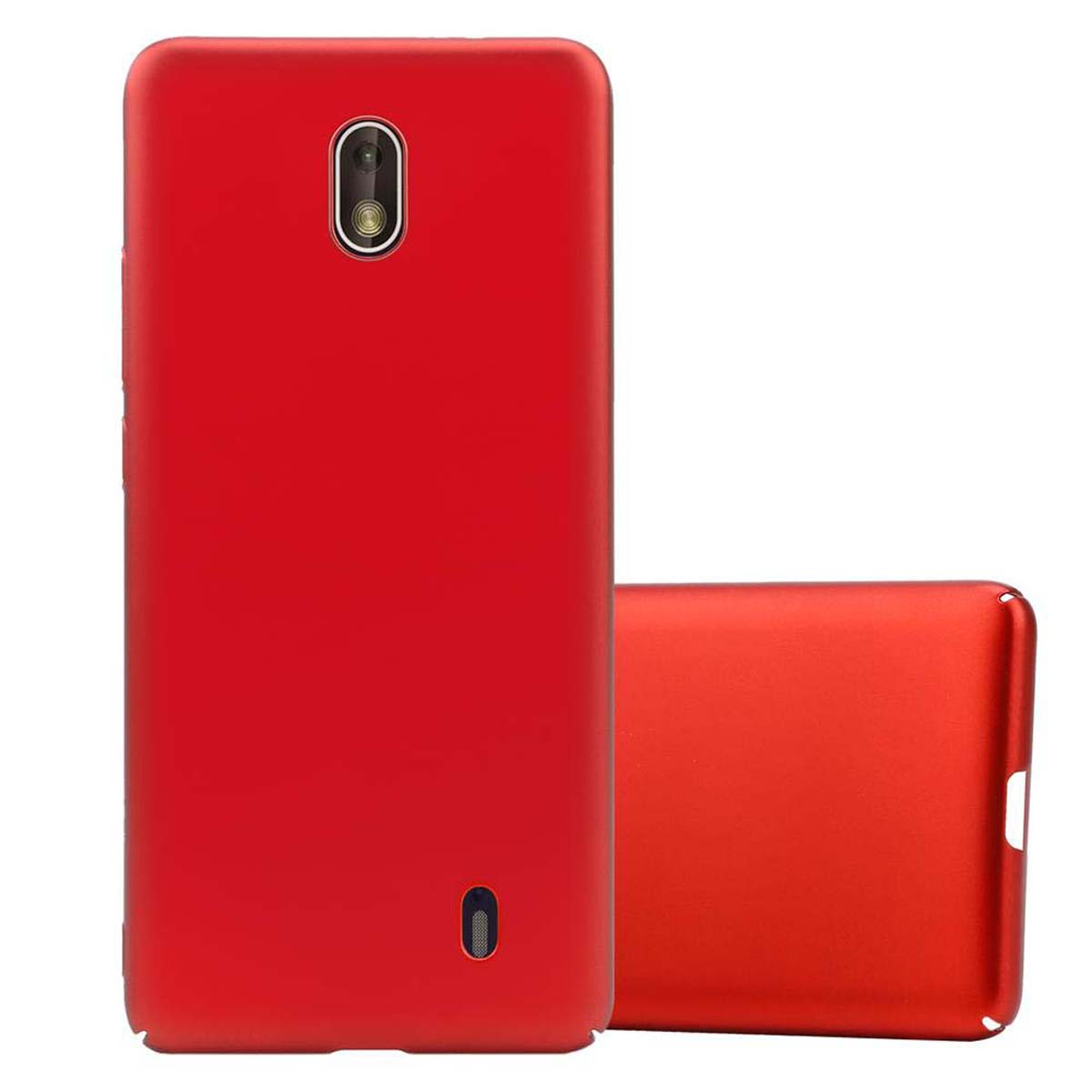 Custodia rossa per telefono, con il telefono dentro. Un'altra custodia sullo sfondo.