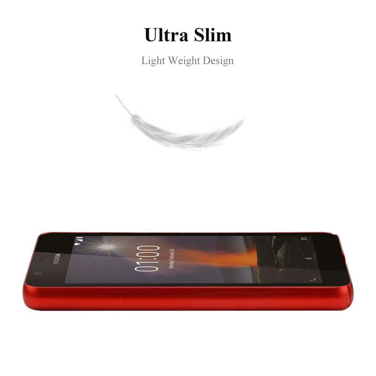 Telefono rosso, appoggiato piatto. Una piuma bianca è sopra. Testo del design ultra sottile e leggero in alto.