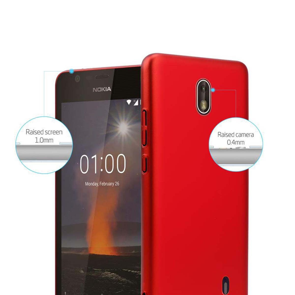 Custodia rossa con telefono Nokia. Dettagli mostrano bordi rialzati di schermo e fotocamera.