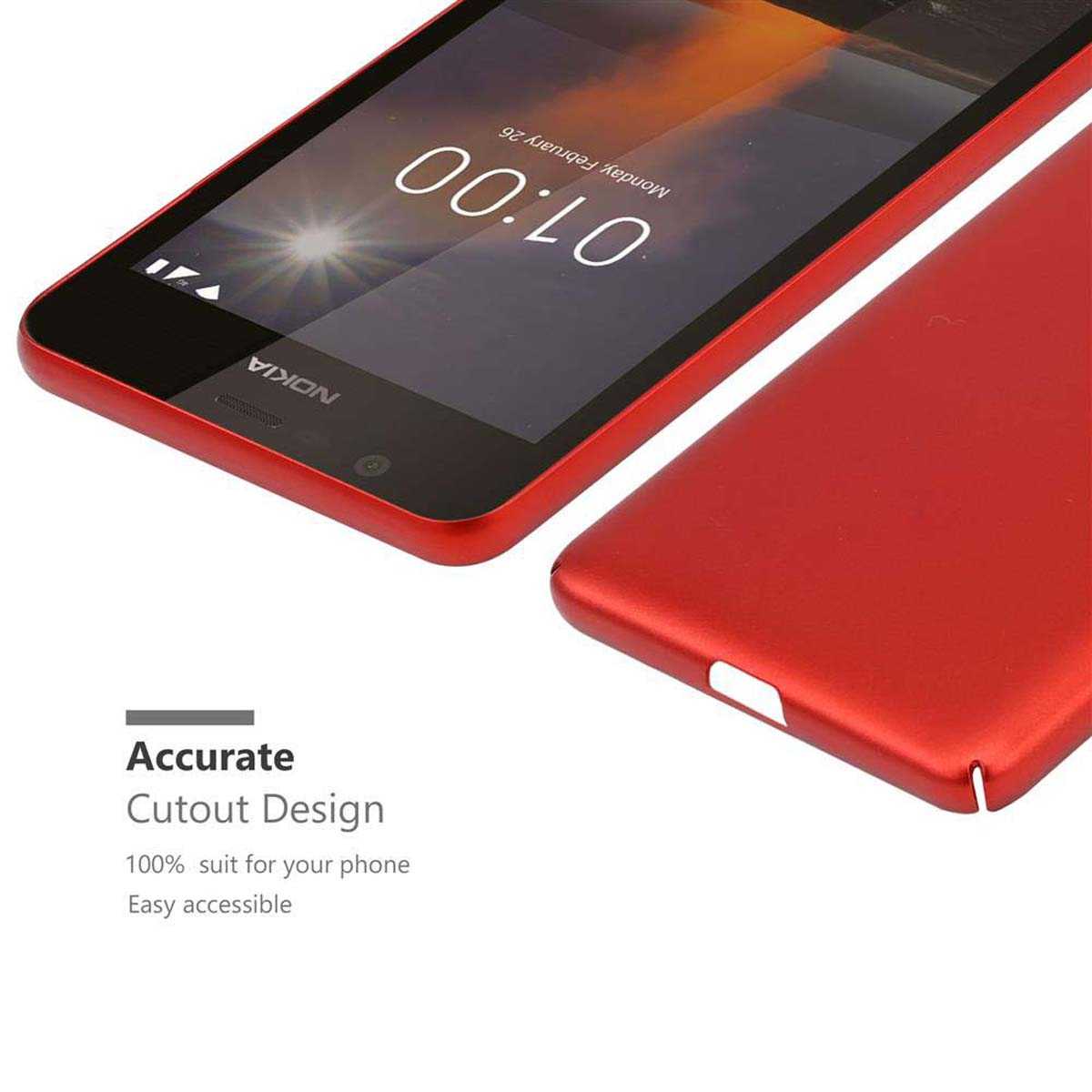Un telefono rosso e una cover posteriore rossa, entrambi su sfondo bianco.