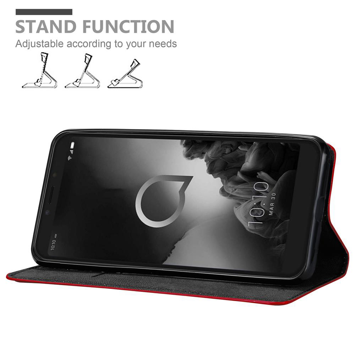 Un telefono nero in una cover rossa, che pubblicizza la funzione stand, è aperto su una superficie bianca.