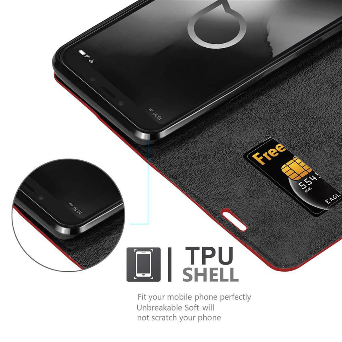 Telefono in custodia rossa con SIM. Il telefono mostra l'ora. Dettagli TPU SHELL. Rosso e nero.