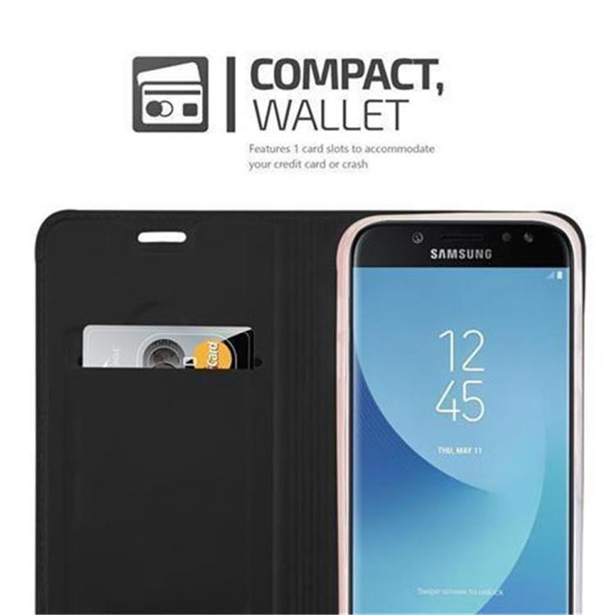 Un telefono in una custodia a portafoglio nera. La custodia è aperta, con uno slot per carte e una carta.