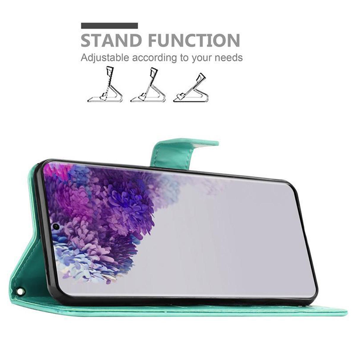 Türkisfarbene Handyhülle mit Telefon. Die Hülle hat eine Standfunktion.