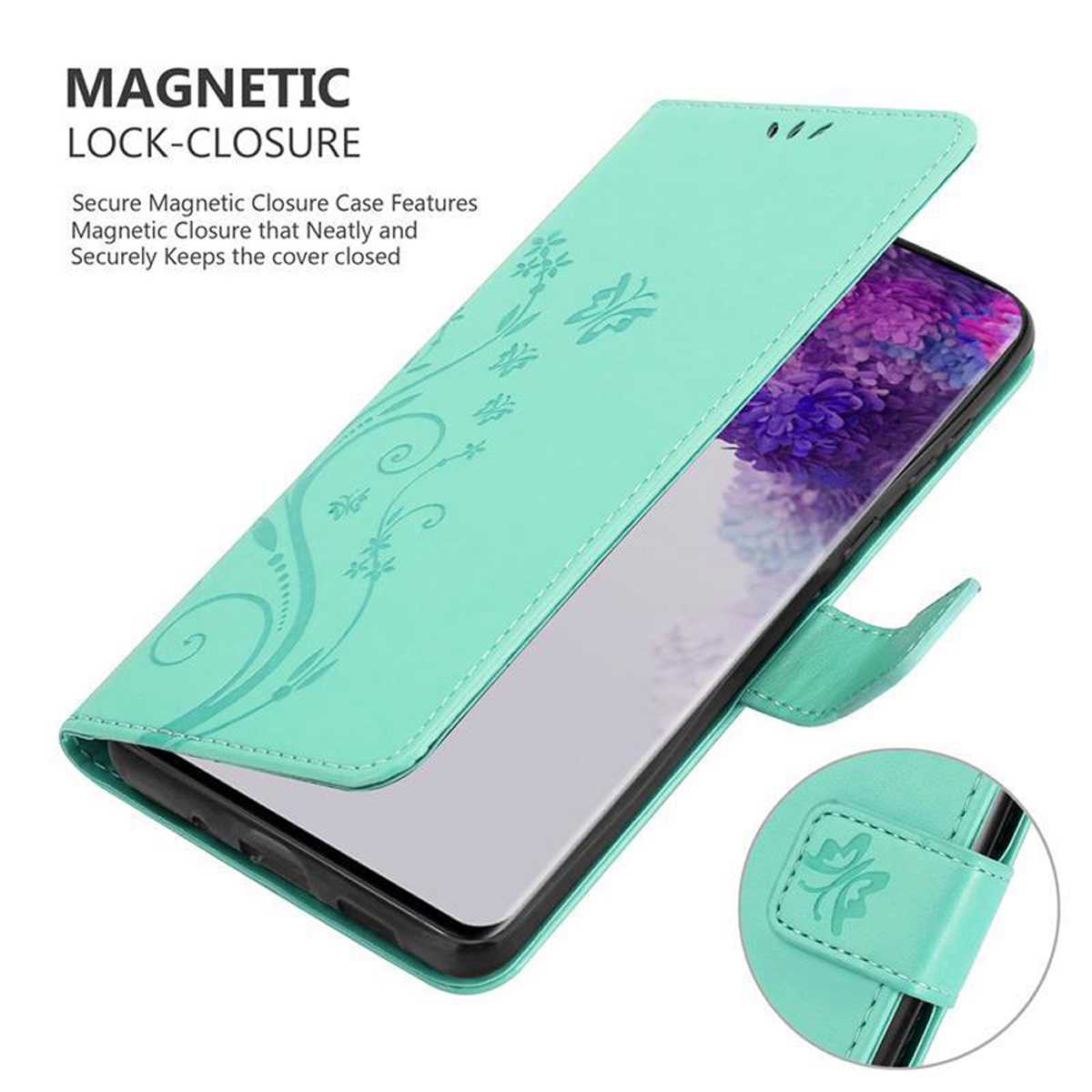 Minzgrüne Handyhülle offen, zeigt ein Telefon im Inneren. Sie hat ein Blumendesign und einen Magnetverschluss.