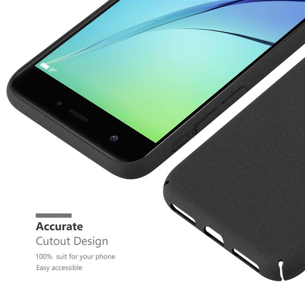 Primo piano di un telefono nero in una custodia. Il testo recita 'Accurate Cutout Design'.