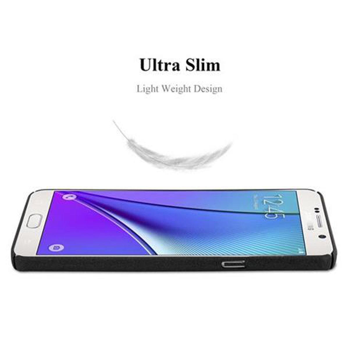 Weißes Telefon auf weißem Hintergrund. Text lautet 'Ultra Slim'. Eine Feder darüber.