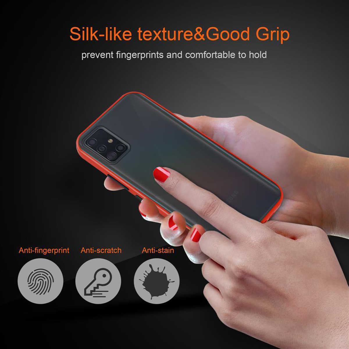 Eine Hand hält ein schwarzes Telefon mit roter Hülle. Das Telefon ist fokussiert mit dem Text 'Anti-Fingerprint'.