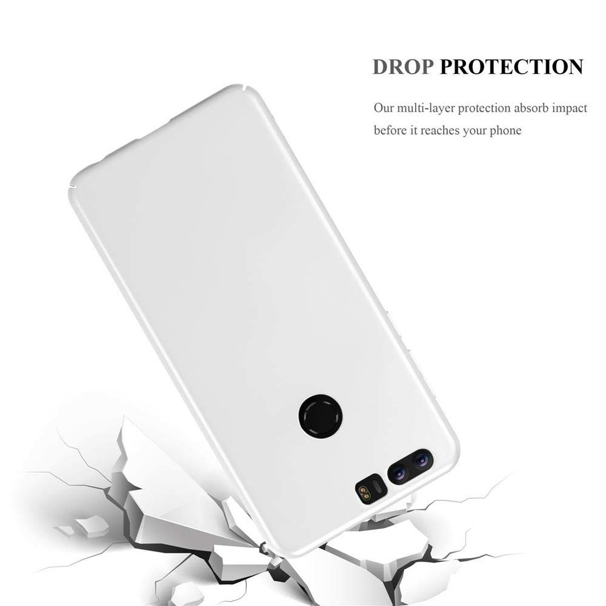 Weißes Handycase fällt auf zerbrochenen Beton. Text „Drop Protection“ über dem Telefon.