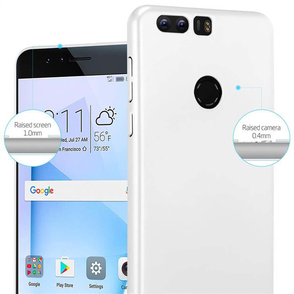 Weiße Handyhülle und Telefon. Weiße Kreise zeigen erhabene Kamera und Bildschirm. Das Telefon hat ein Google-Logo.