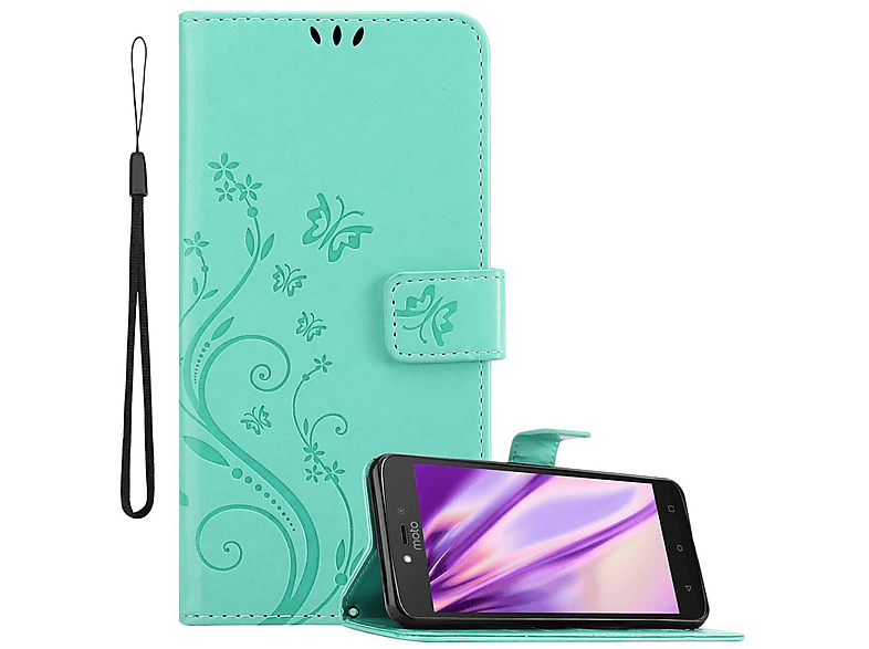 Bookcover, CADORABO MOTO C FLORAL PLUS, Flower Case, TÜRKIS Muster Motorola, Hülle Blumen