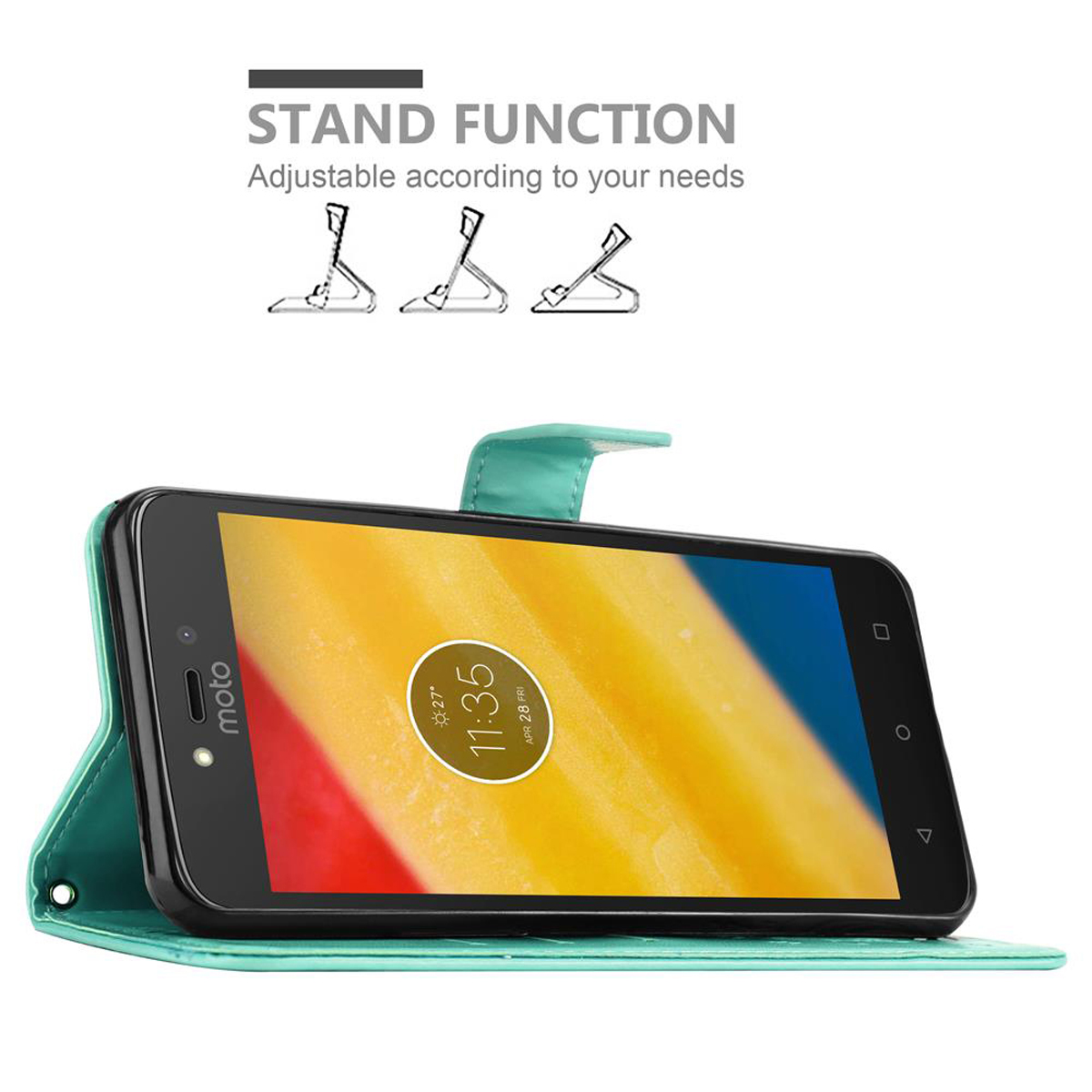 Custodia per telefono verde, aperta, con un telefono all'interno. Viene visualizzata la funzione stand.