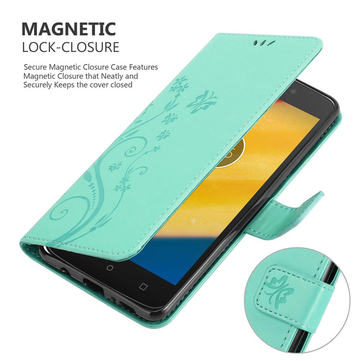 Custodia per telefono color verde acqua, aperta, che mostra lo schermo di un telefono. Un piccolo fermaglio è visibile.