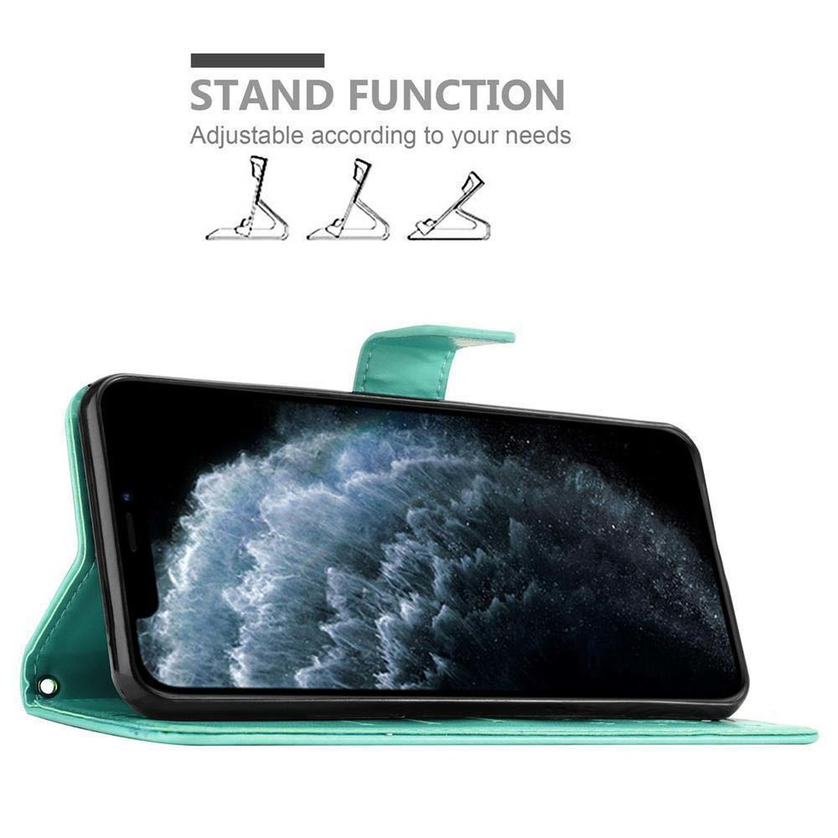 Telefono in custodia verde acqua, impostato in funzione supporto. Tre opzioni di supporto sono mostrate sopra il telefono.