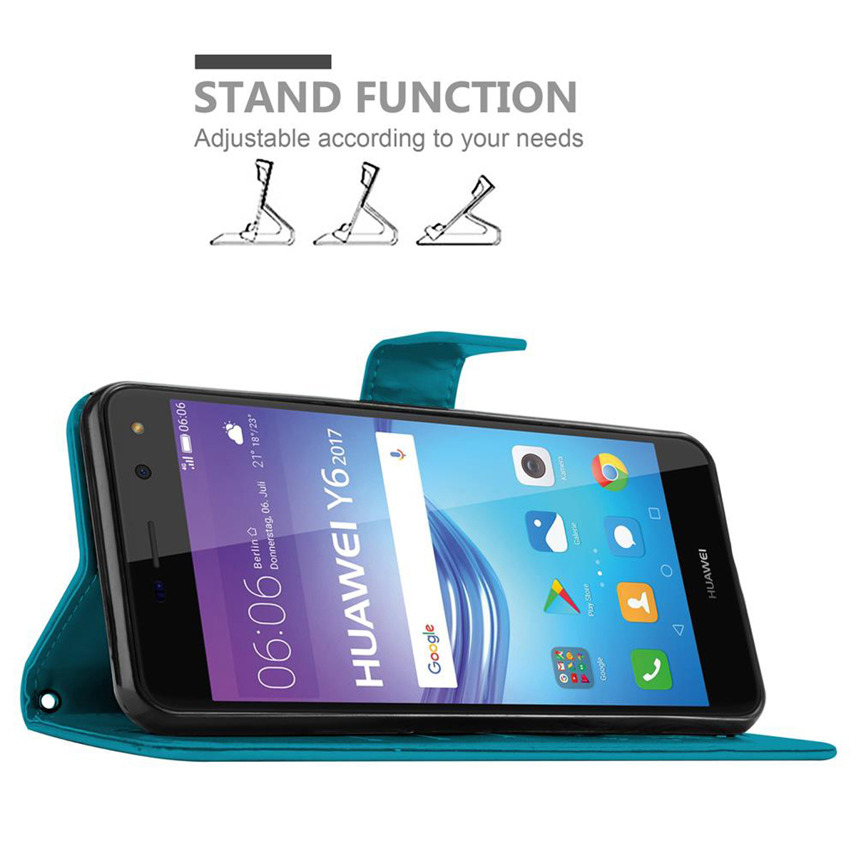 Custodia per telefono turchese con funzione stand, che tiene un telefono Huawei Y6 2017. Testo: funzione stand, regolabile.
