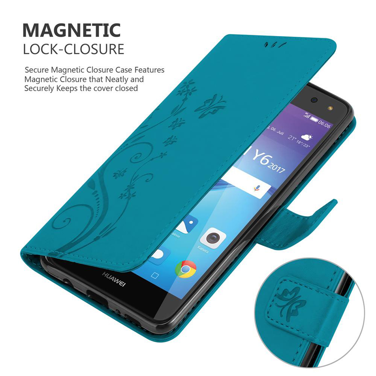 Una custodia per telefono blu è aperta, rivelando un telefono. La custodia ha un design floreale e chiusura magnetica.