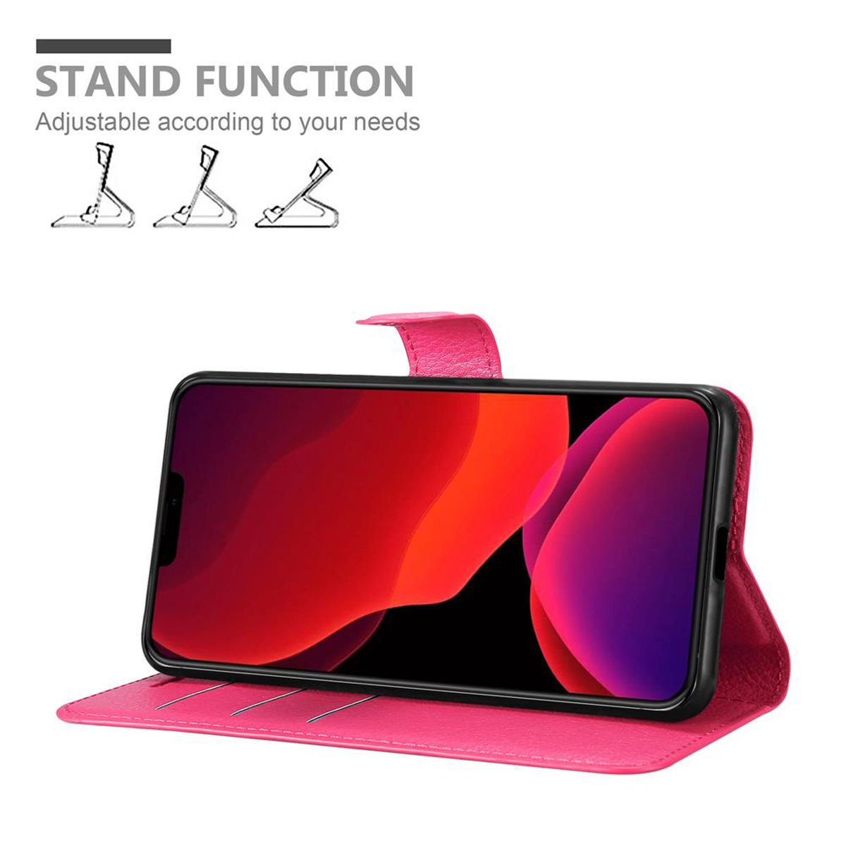 Custodia per telefono rosa con telefono all'interno, aperta e in piedi. Testo: Funzione stand, Regolabile in base alle tue esigenze.