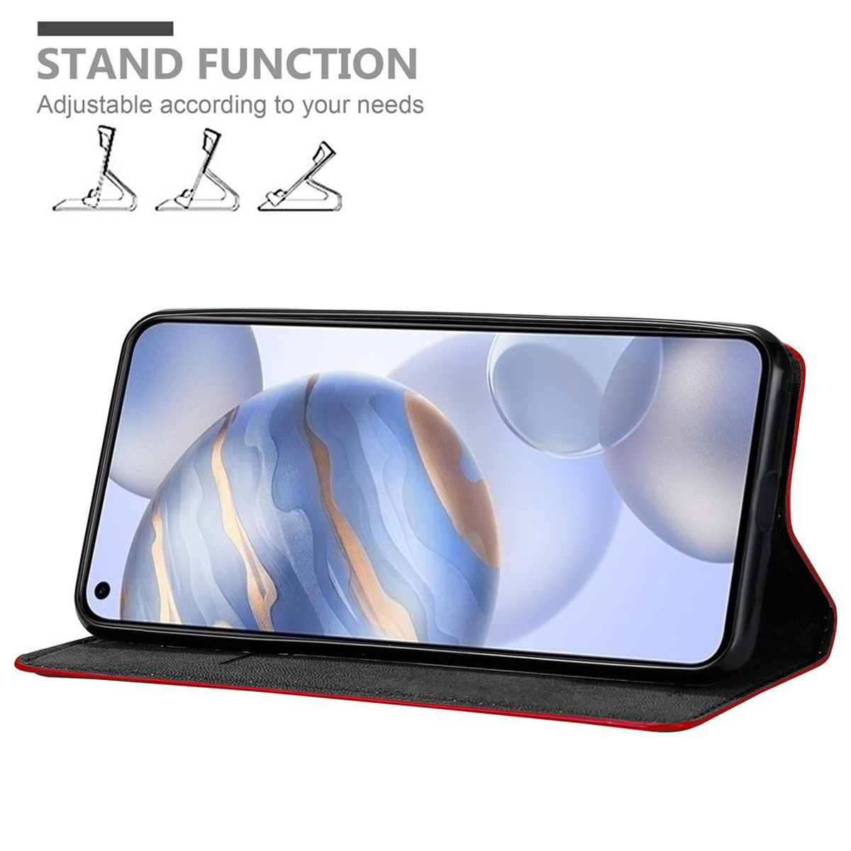 Rote Handyhülle offen, zeigt ein Telefon mit Farbverlaufshintergrund.