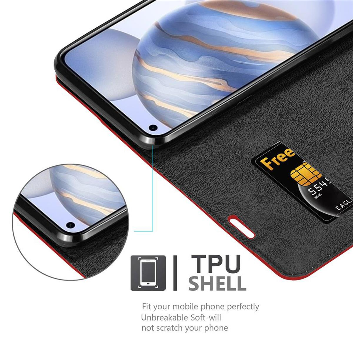 Telefon in schwarzer Schale. Roter Besatz. Zeigt TPU-Schalenfunktion. Nahaufnahme des Telefons und roter Besatz.