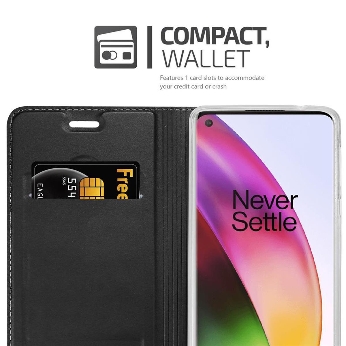 Custodia per telefono nera con fessure per carte, con carte e un telefono. Testo: Portafoglio compatto.