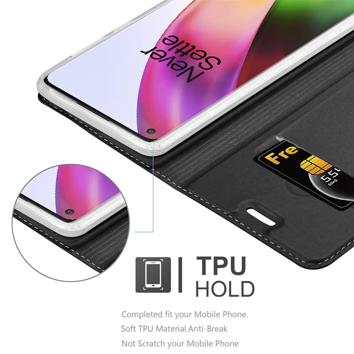 Custodia nera aperta con telefono e SIM.