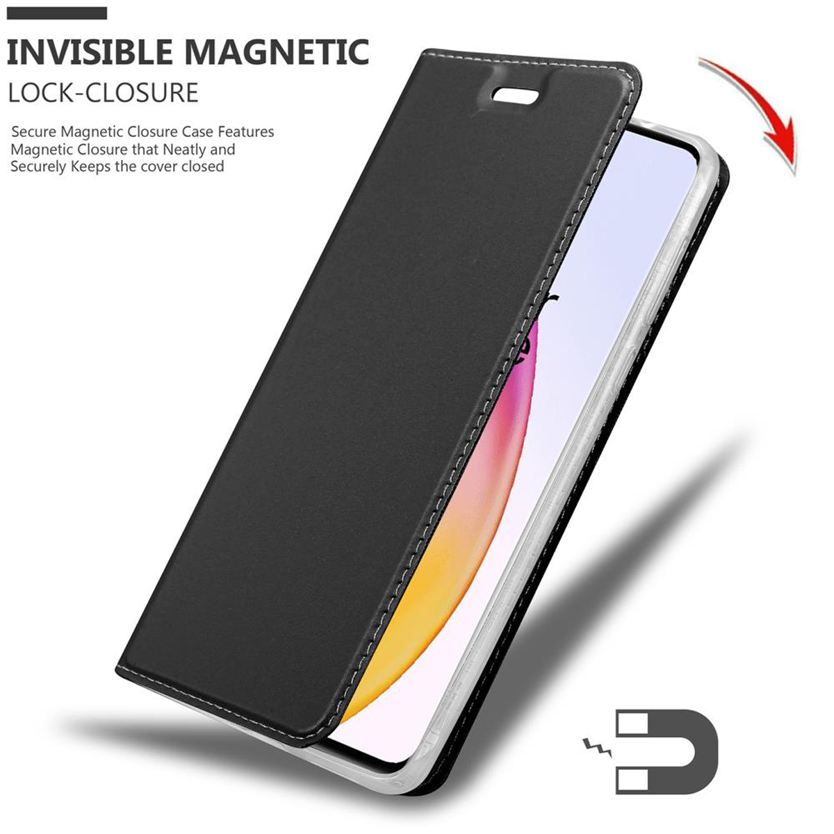 Custodia nera con chiusura magnetica. Telefono visibile, freccia indica l'apertura.