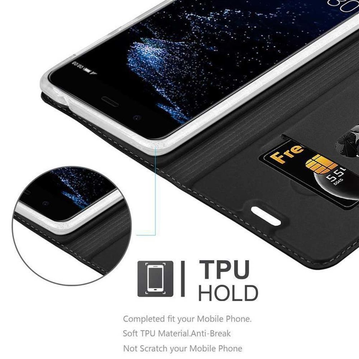 Eine Handyhülle mit einem Telefon, einer Kreditkarte und den Worten: TPU HOLD.