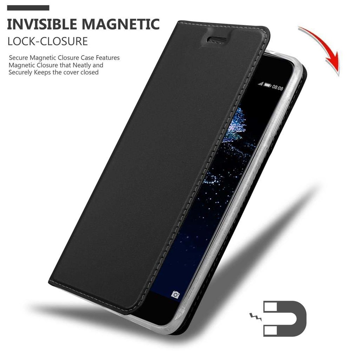 Schwarze Handyhülle geöffnet, zeigt ein Handy. Text weist auf einen Magnetverschluss hin.