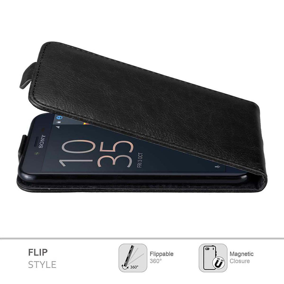 Schwarzes Telefon in Lederhülle, offen, mit eingeschaltetem Bildschirm, weißer Hintergrund.