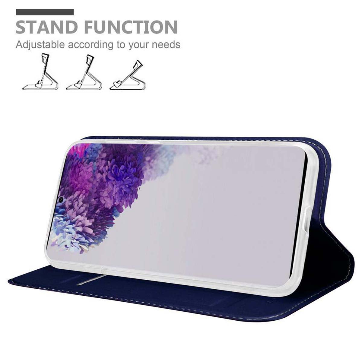Eine blaue Handyhülle, geöffnet, zeigt ein Telefon mit floralem Hintergrundbild und Diagrammen der Stützfunktion.